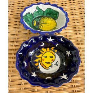 Vintage 80s Mexican Art Pottery Small Trinket Bowls Celestial & Lemon Boho